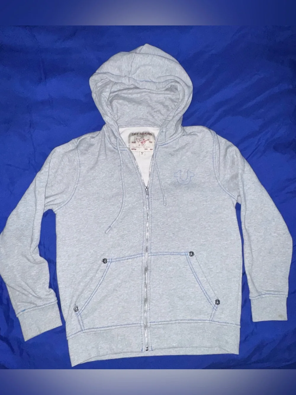 True Religion Light Gray Zip Hoodie with Blue Back Logo